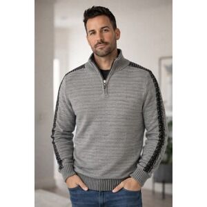 Rock & Republic Mens Grey Quarter Zip Sweater Black Stripe Sleeve Mock Neck L